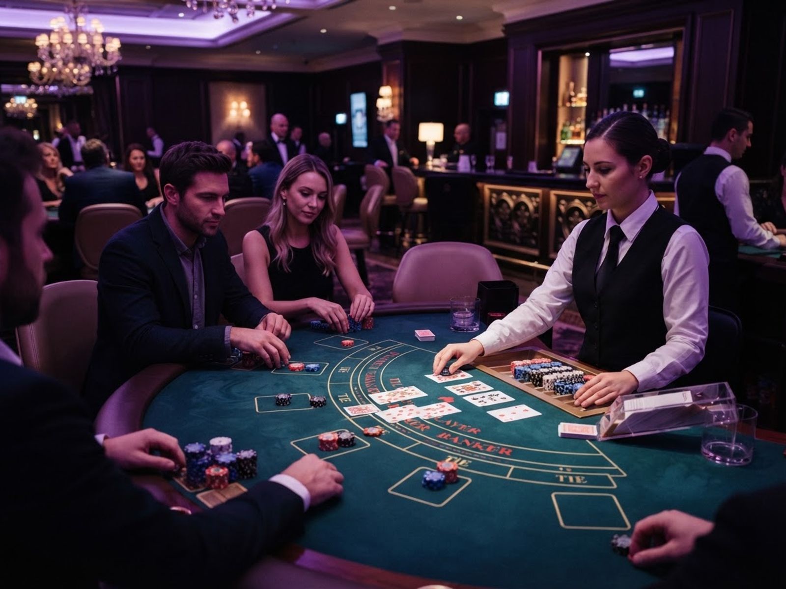 Baccarat table with cards and casino chips
