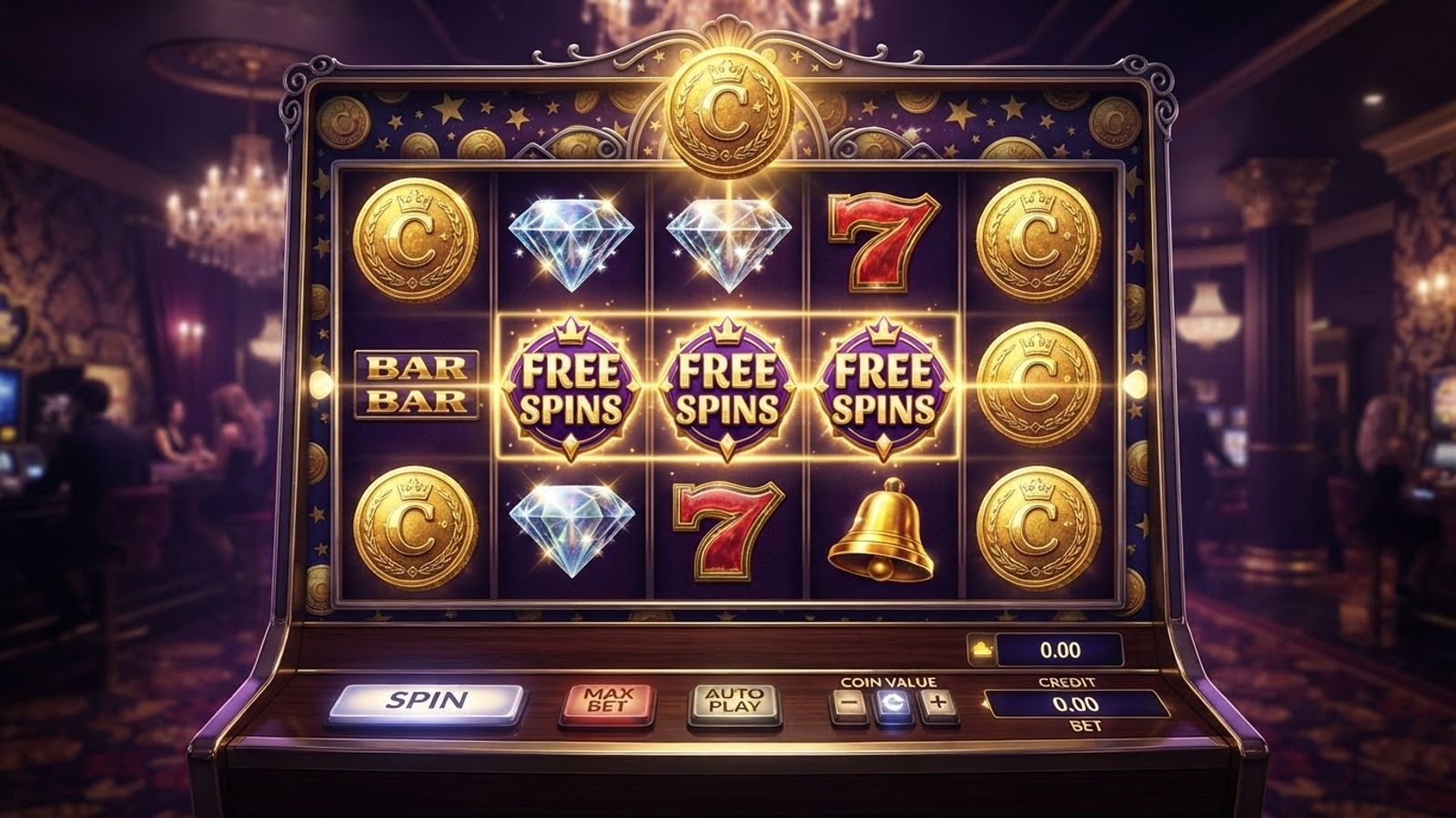 Slot reels with golden free spins coins