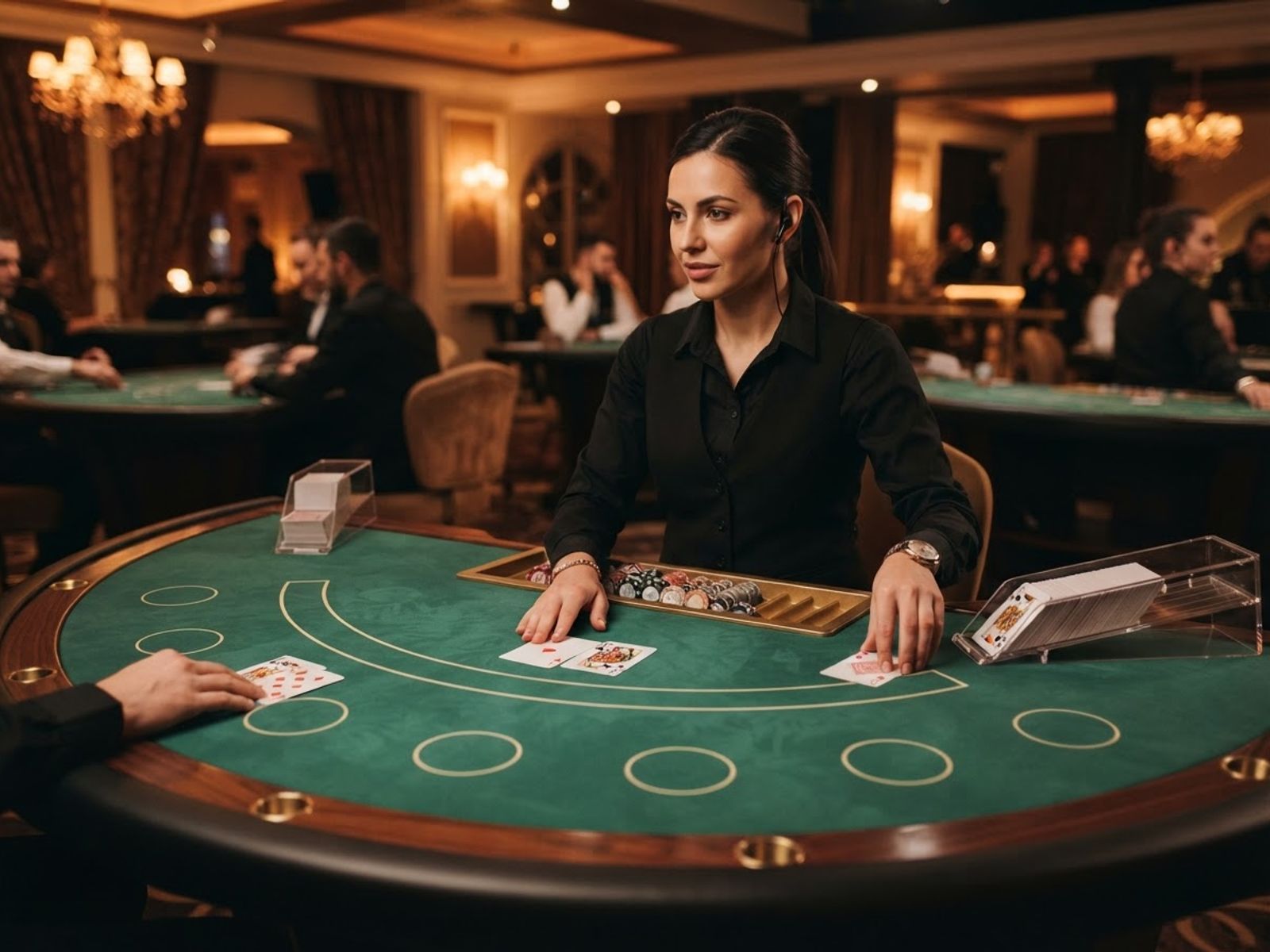 Live blackjack table with cards on green felt