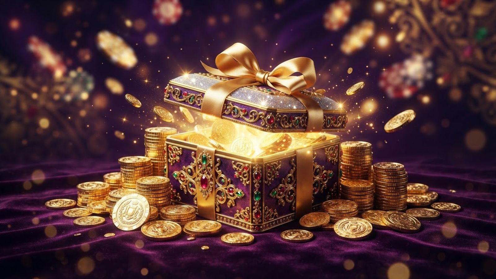 Golden bonus coins and gift box on dark background